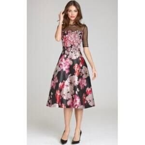 Rickie Freeman Teri Jon Silk Floral Brocade Formal Midi Dress Black Pink 6 NWT